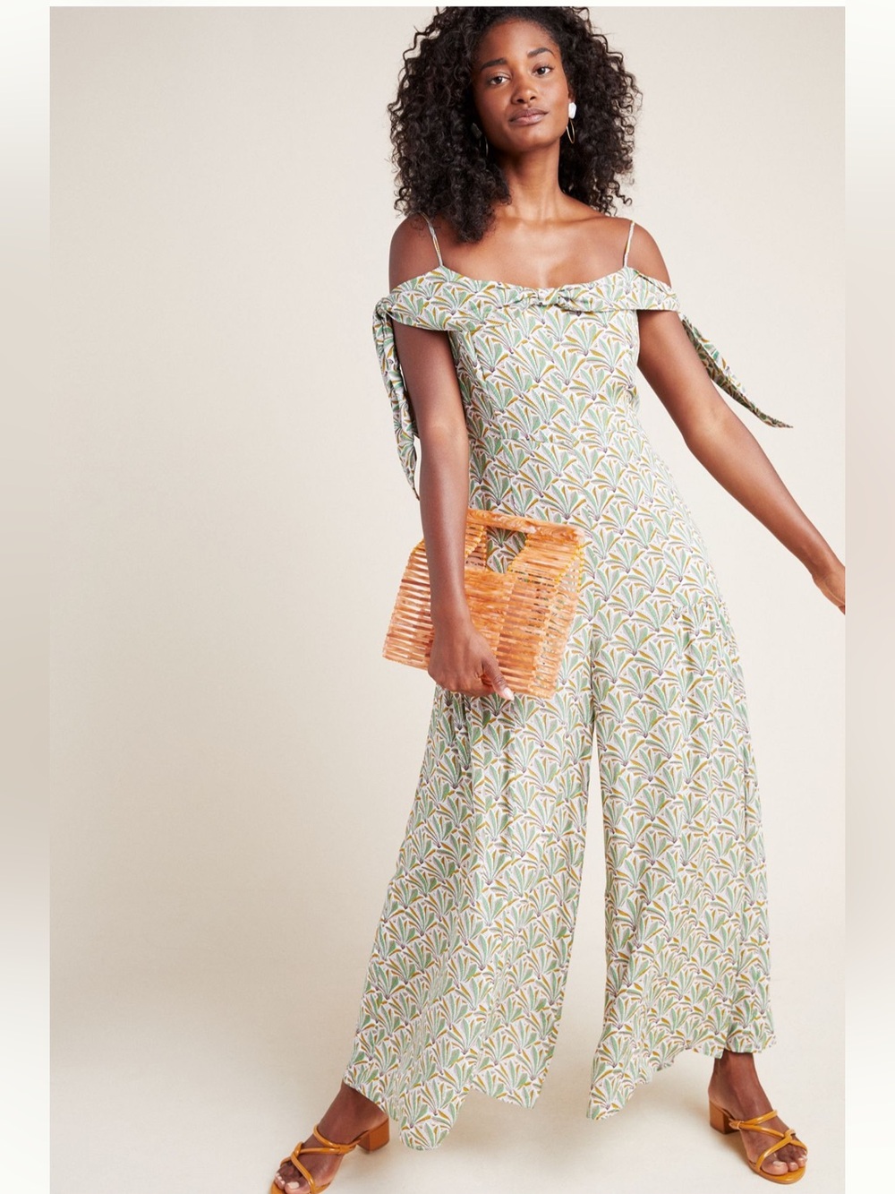 Anthropologie Amelie Open-Shoulder Jumpsuit Green Floral Wide Leg US 8